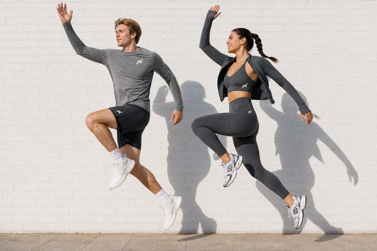 Two models wearing HK Fitness essentials in charcoal and grey against a sunlit brick wall